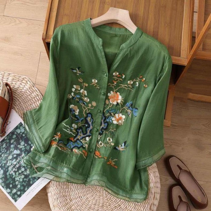 Women’s Cotton and Linen Blouse – Artistic Style, Short Sleeve