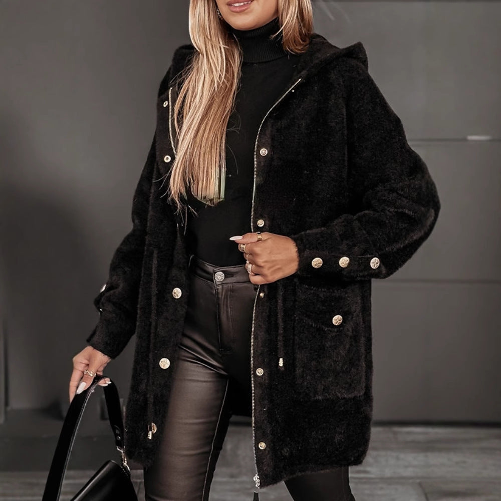 Women’s Hooded Jacket with Drawstring Belt and Zip Closure – Fall Winter Coat