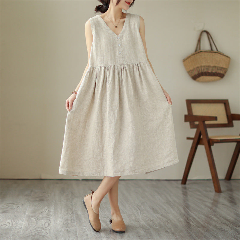 Women’s Cotton-Linen Sleeveless Dress – Loose Fit, V-Neck