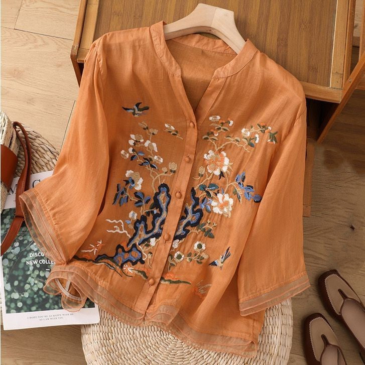 Women’s Cotton and Linen Blouse – Artistic Style, Short Sleeve