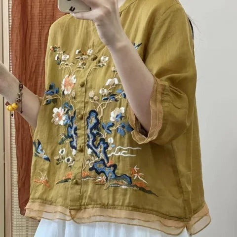 Women’s Cotton and Linen Blouse – Artistic Style, Short Sleeve
