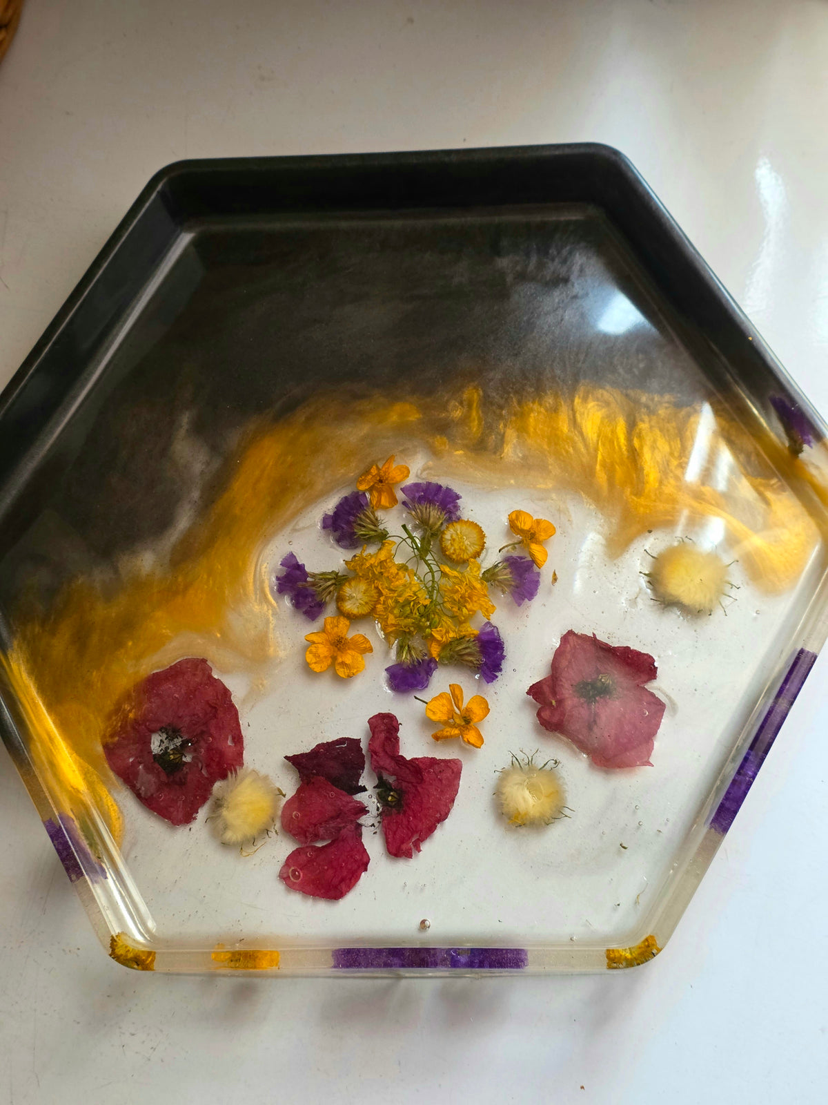 Handmade hexagonal resin tray with preserved flowers - full top view