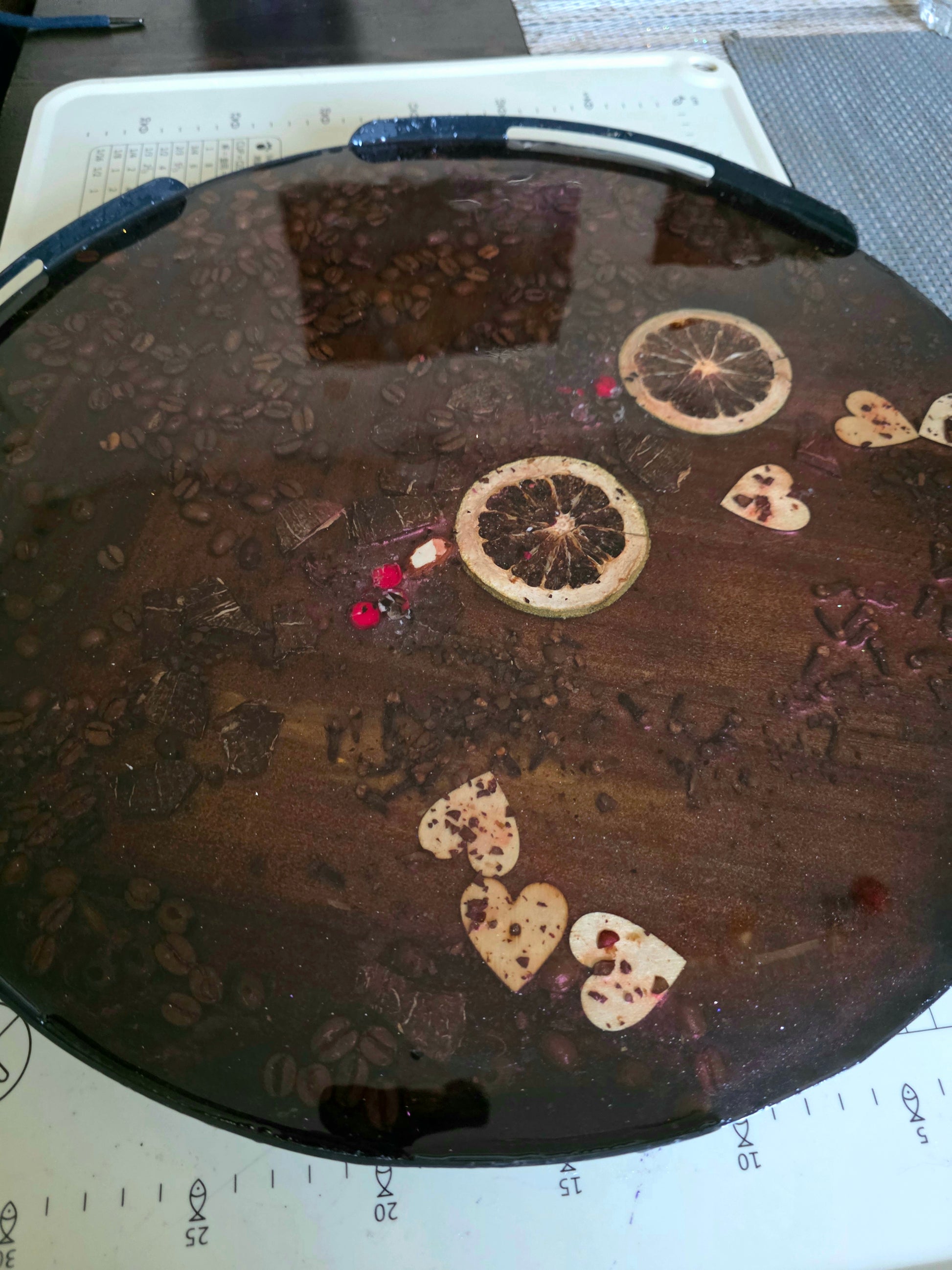 Handmade resin rotating serving board black with dried citrus coffee beans and hearts 42cm