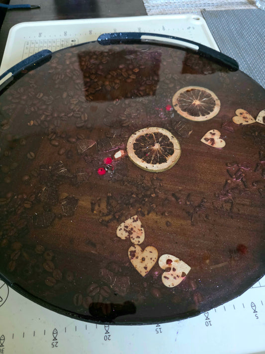 Handmade resin rotating serving board black with dried citrus coffee beans and hearts 42cm