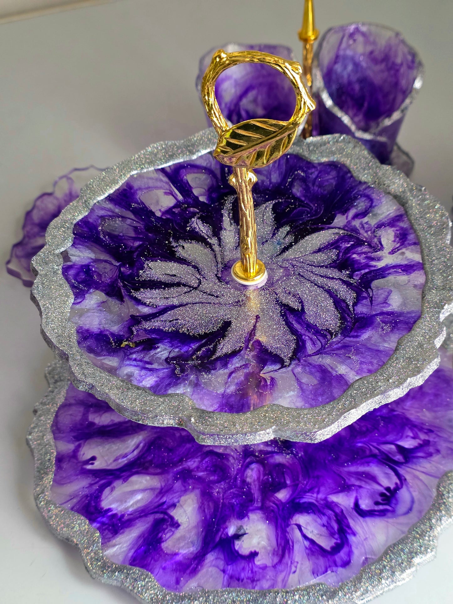 Luxury Purple Resin Set – Tiered Tray, Cups, Coasters & Bowls