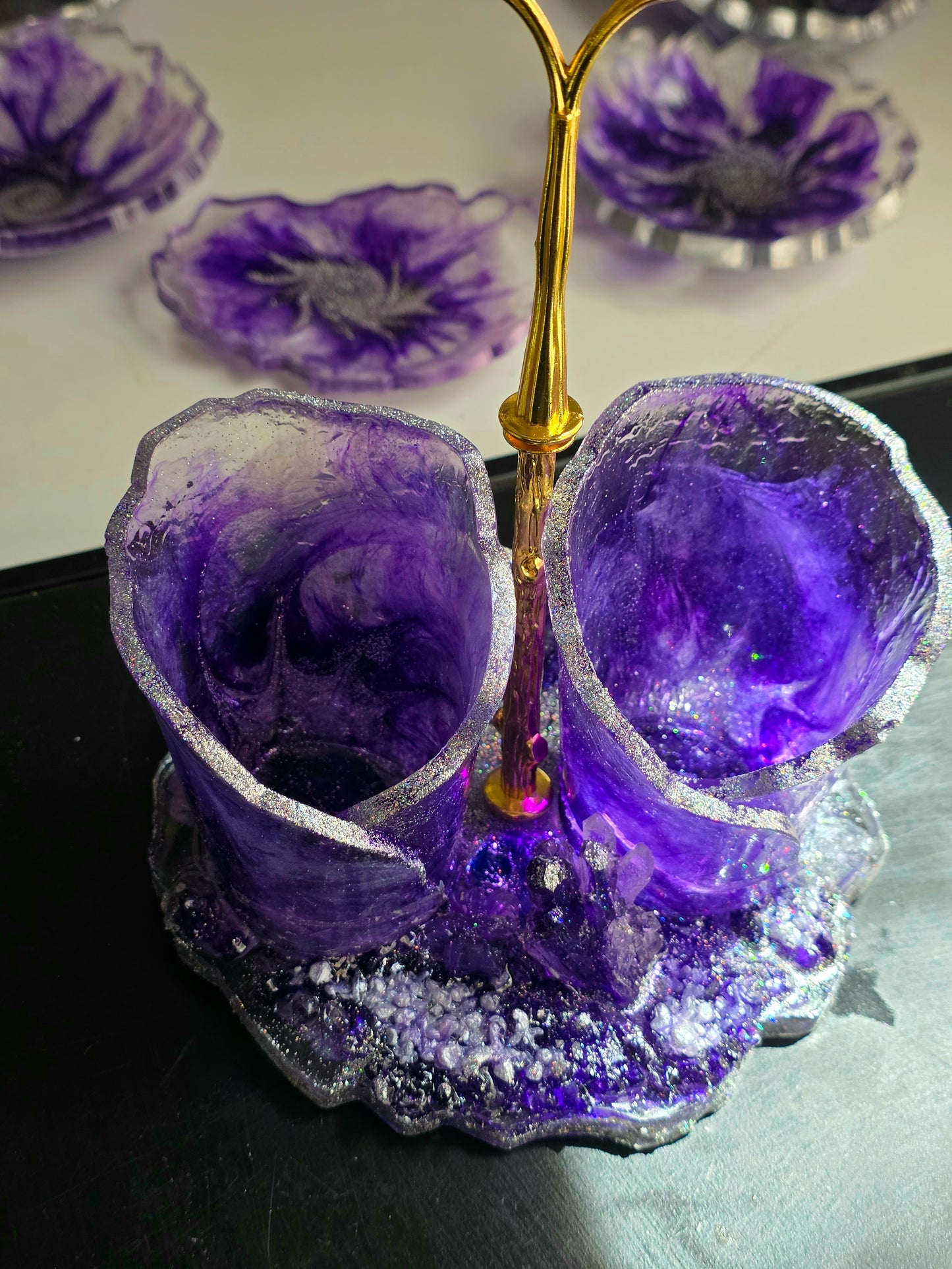 Luxury Purple Resin Set – Tiered Tray, Cups, Coasters & Bowls