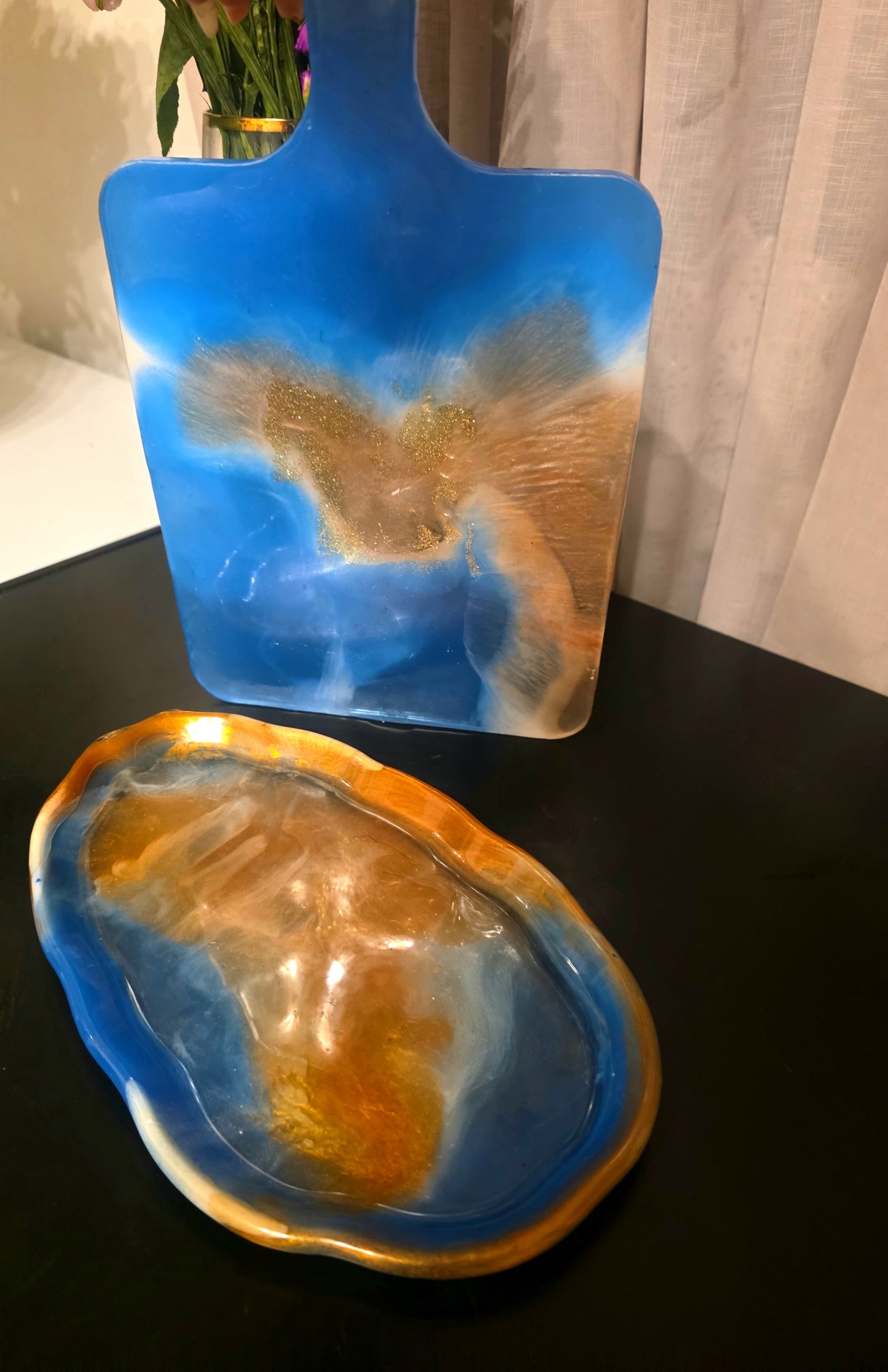 Ocean Blue & Gold Resin Set – Serving Board & Oval Bowl