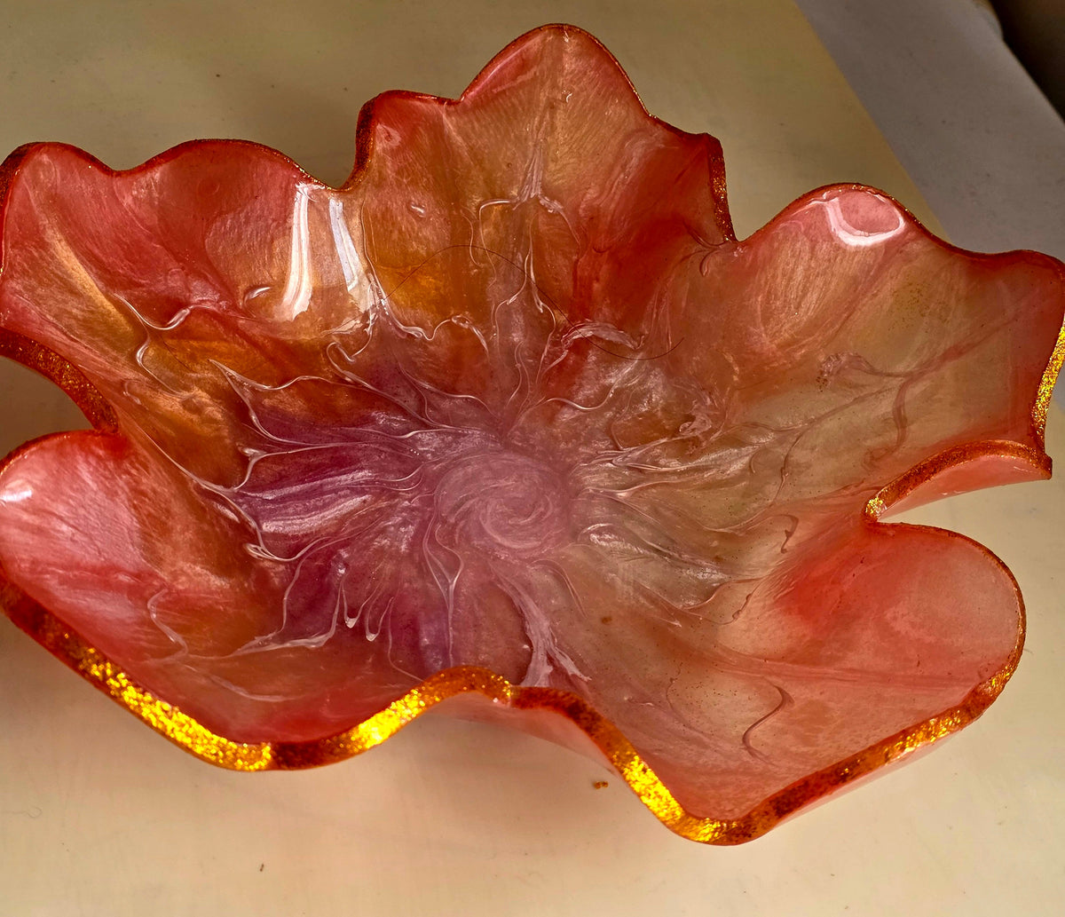 Freesia pink resin flower bowl - gold glitter edge detail