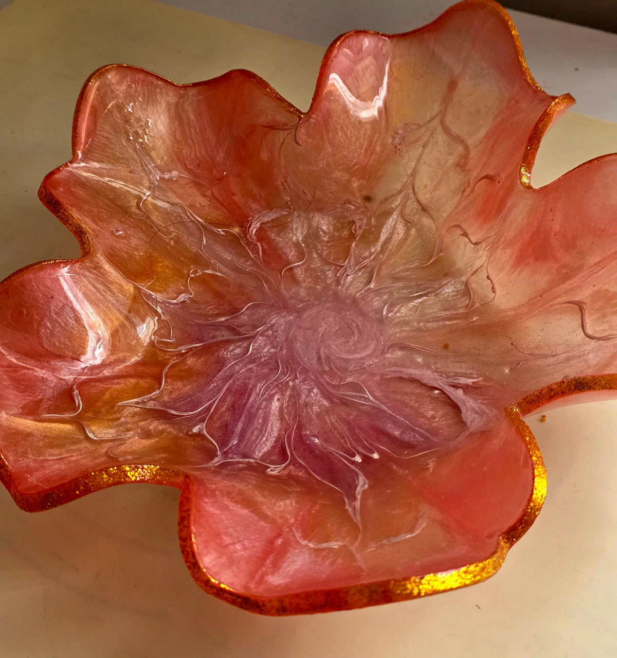 Freesia pink resin flower bowl - angle view