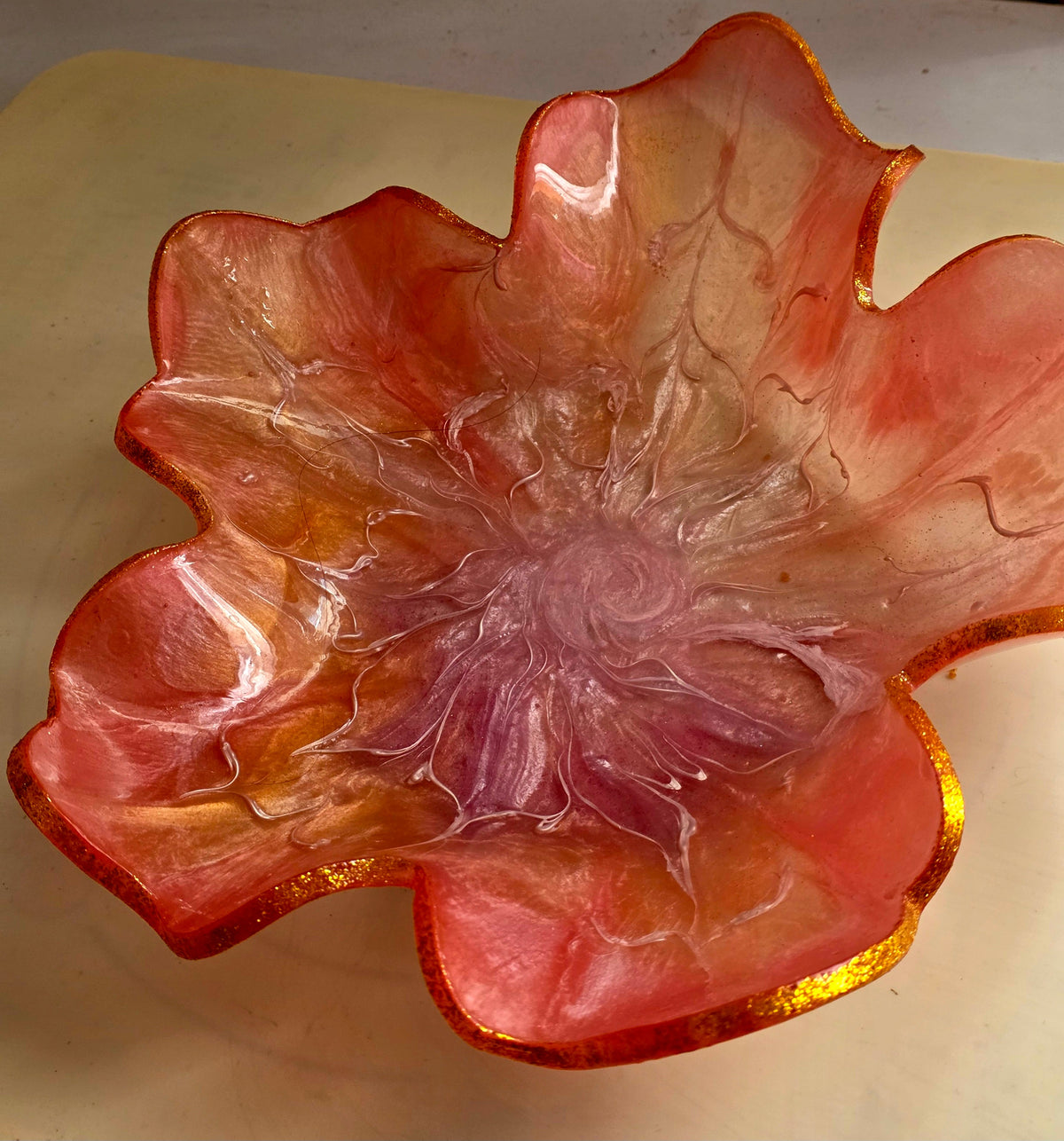 Freesia pink resin flower bowl - top view full