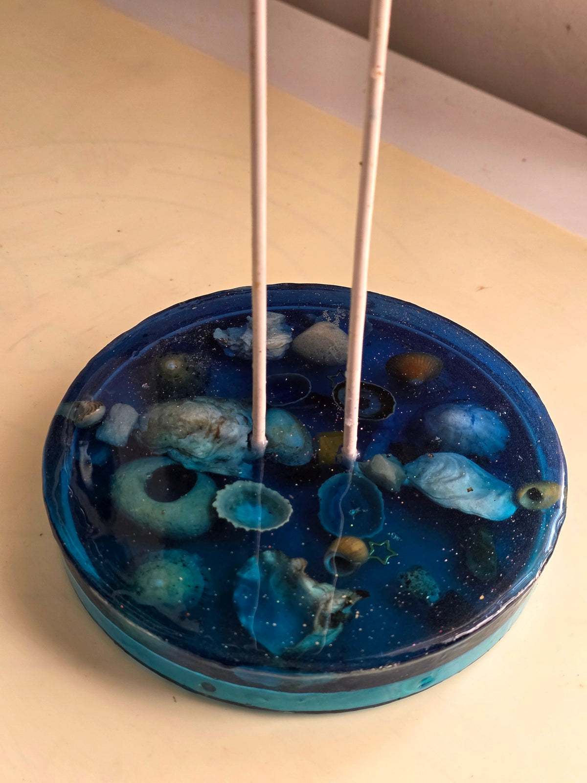 Ocean Blue Resin Incense Holder - top view with crystals
