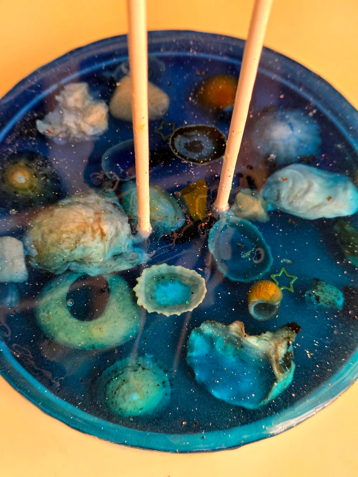 Ocean Blue Resin Incense Holder - close up crystals