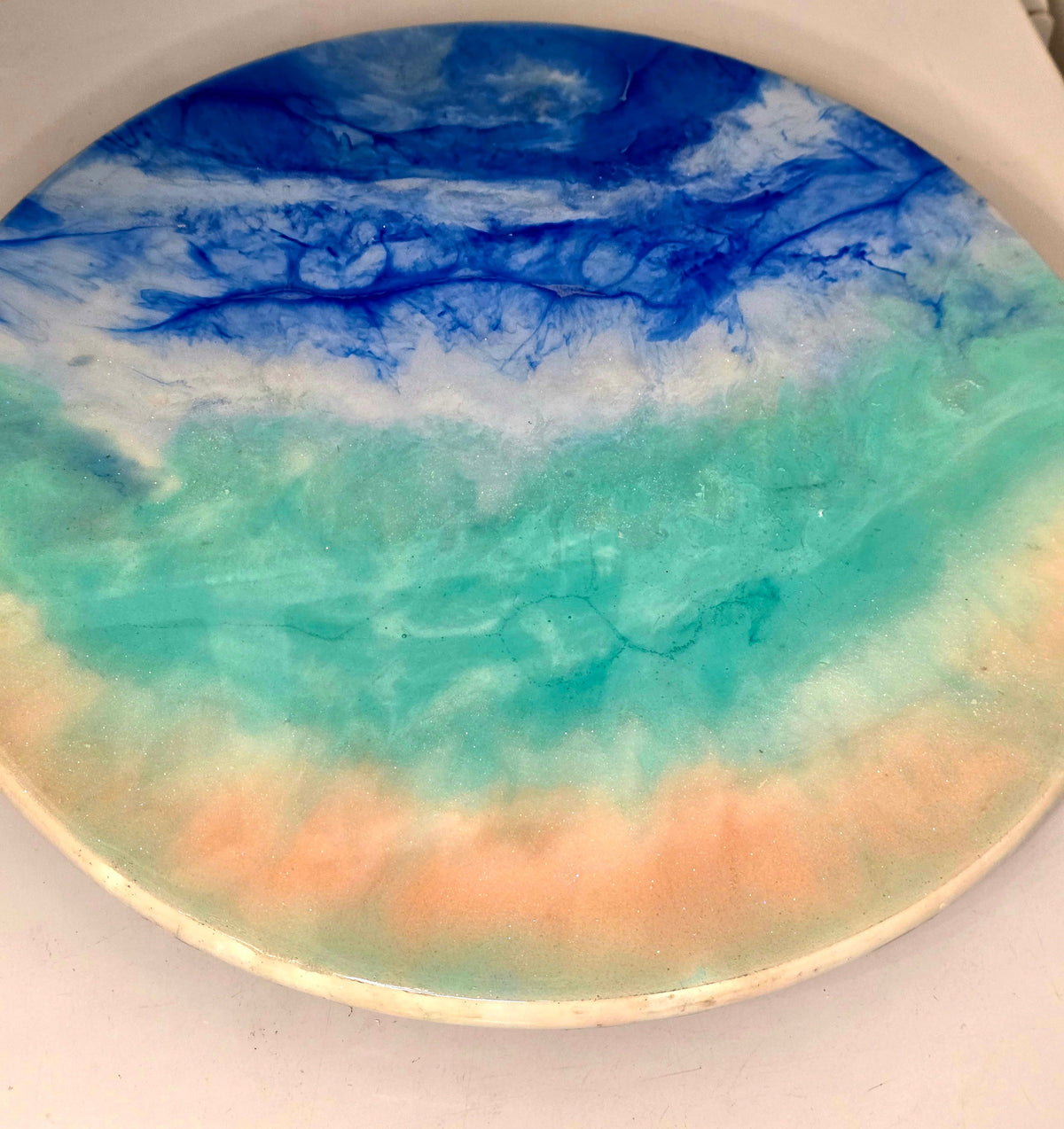 Ocean resin rotating tray - top view blue turquoise