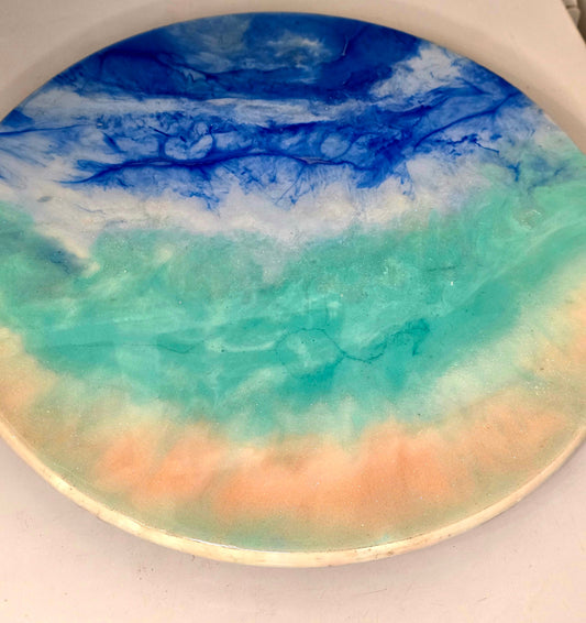 Ocean resin rotating tray - top view blue turquoise