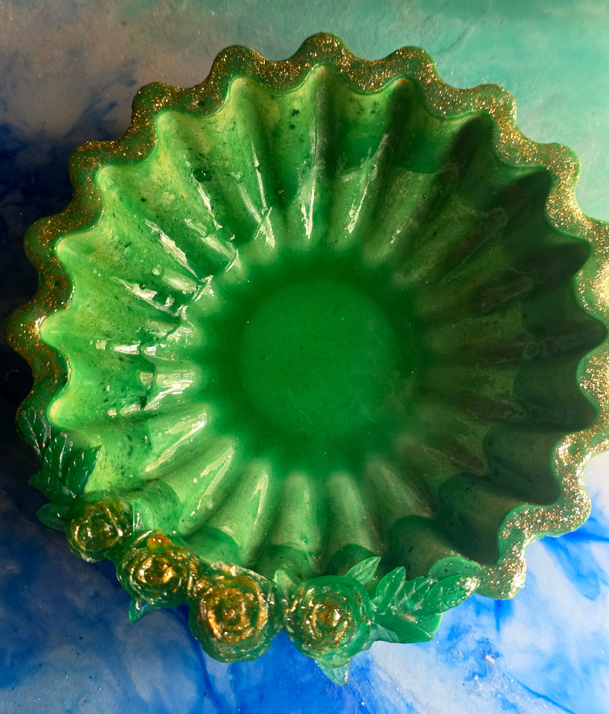 Emerald green resin rose bowl - top view aerial