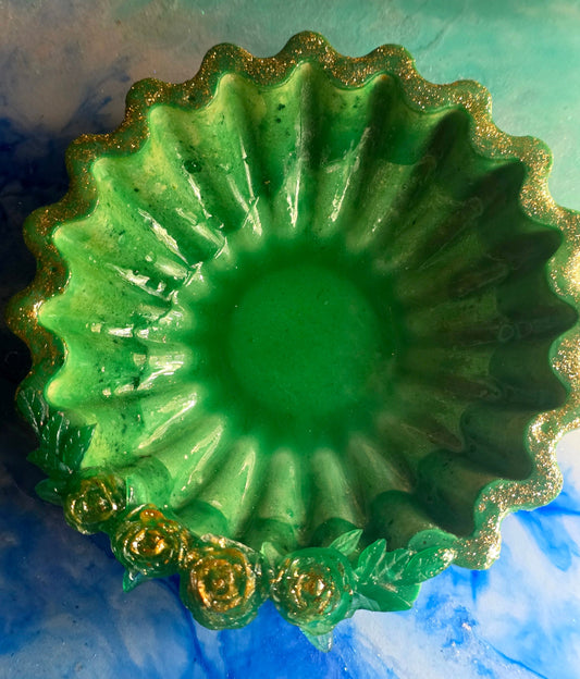 Emerald green resin rose bowl - top view aerial