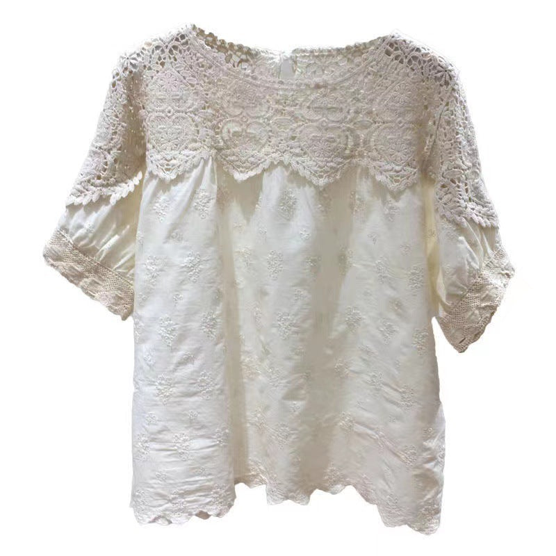 Women’s Embroidered Linen Cotton Top – Short Sleeve Hollow-out Blouse