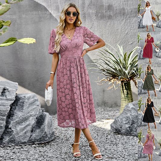 V-neck Lace Dress Summer Elegant Short Sleeve for Women