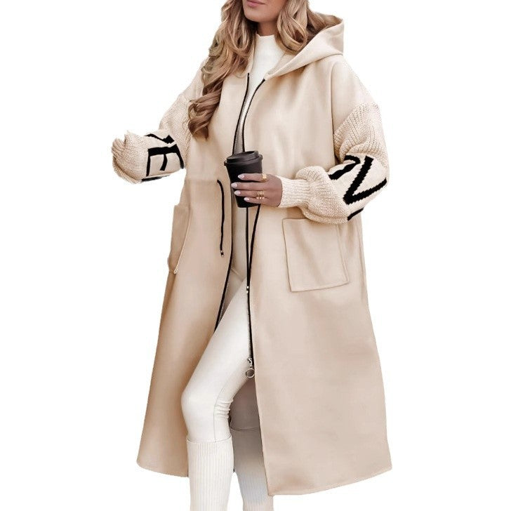 Women’s Long Hooded Jacket with Drawstring and Knit Sleeves – Casual Fall Autumn/ Winter Coat