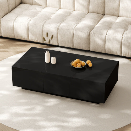 Modern Black Gloss Coffee Table – Double Drawers with Hidden Storage, 100×50×31 cm