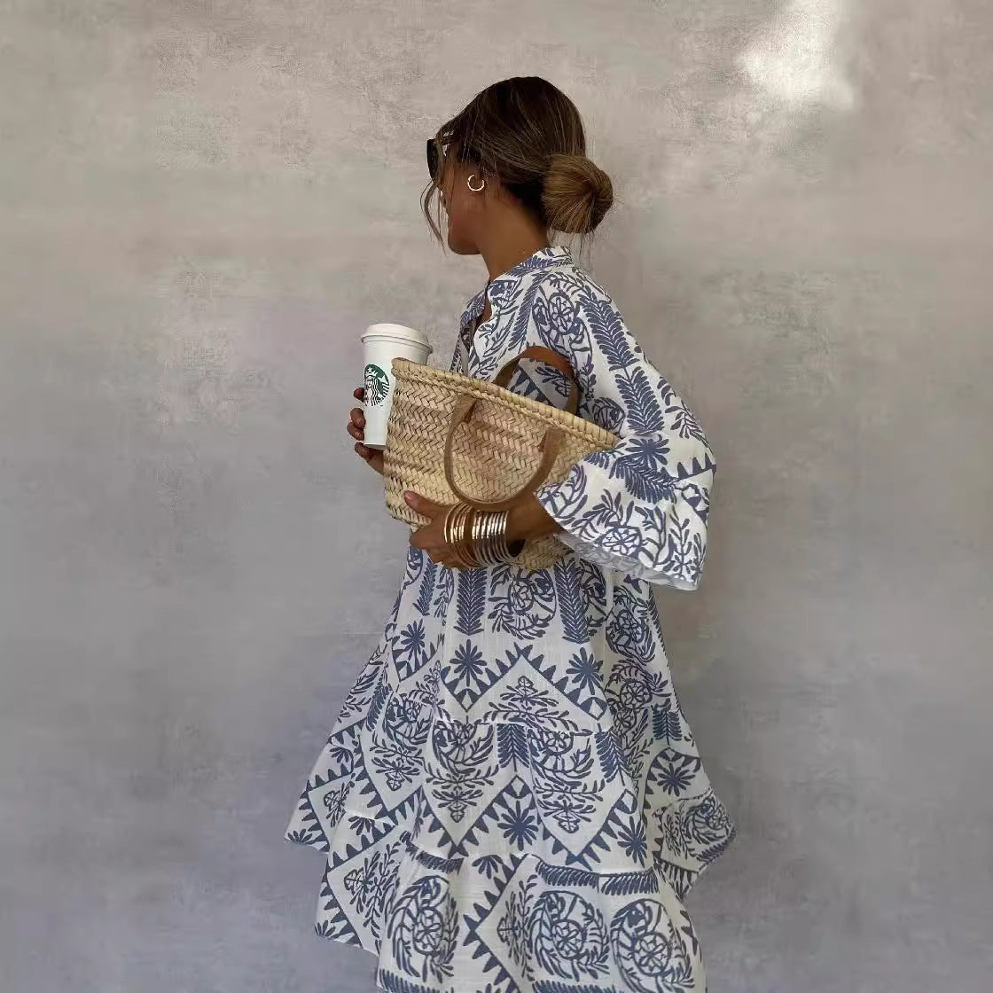 Autumn Casual Print Loose Dress – V-neck Flare Sleeve Ruffle for Women
