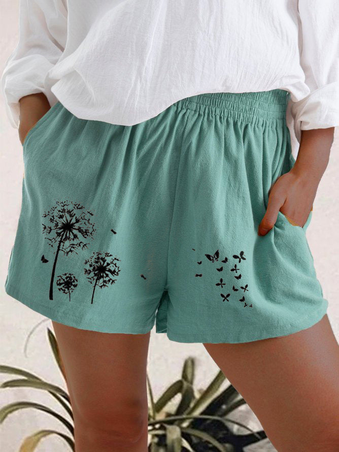Casual Cotton-Linen Shorts for Women – High Waist, Floral Print