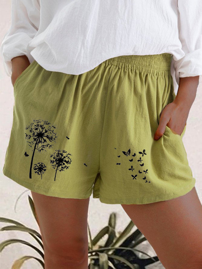 Casual Cotton-Linen Shorts for Women – High Waist, Floral Print