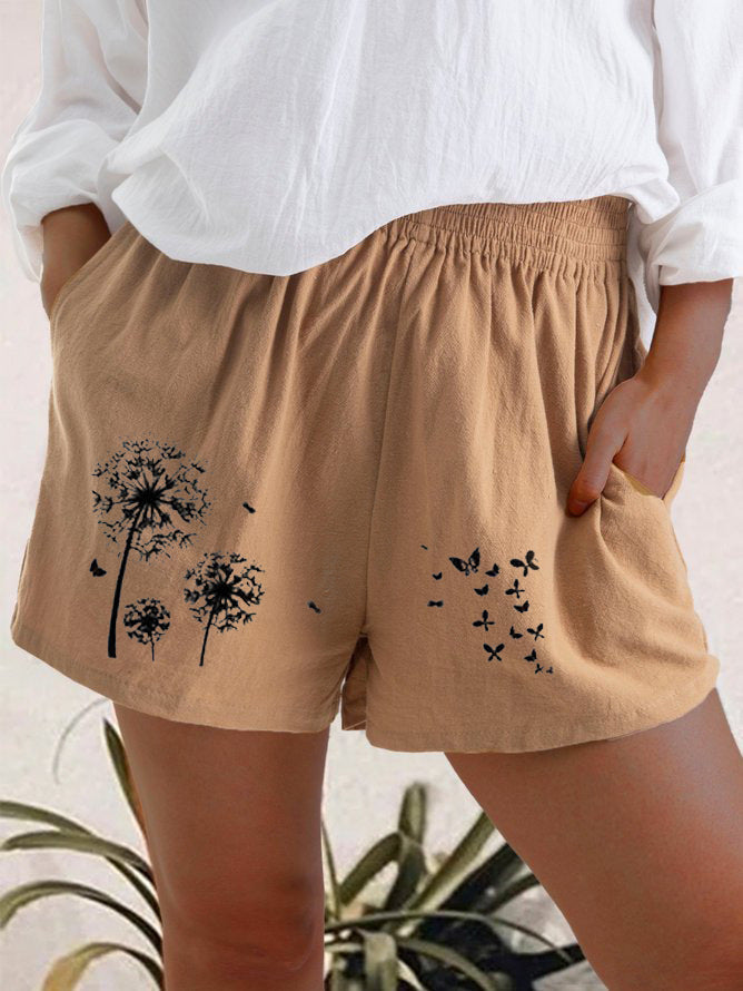 Casual Cotton-Linen Shorts for Women – High Waist, Floral Print