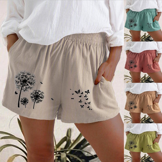 Casual Cotton-Linen Shorts for Women – High Waist, Floral Print