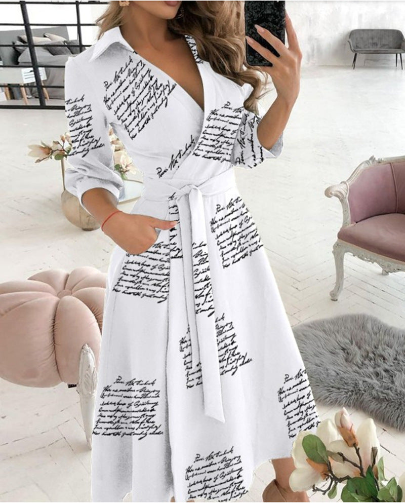 Women’s Sexy Long Sleeve Deep V-Neck Printed Dress – Irregular Hem Party Dress