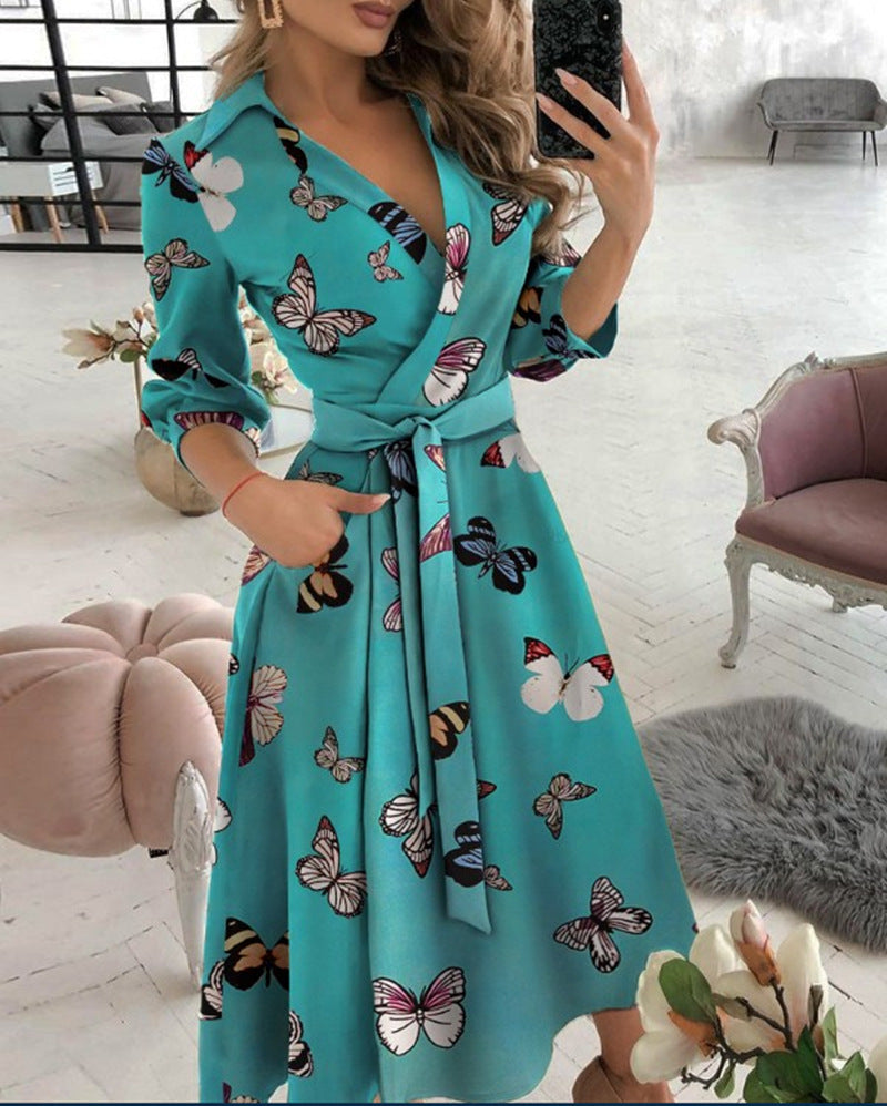 Women’s Sexy Long Sleeve Deep V-Neck Printed Dress – Irregular Hem Party Dress