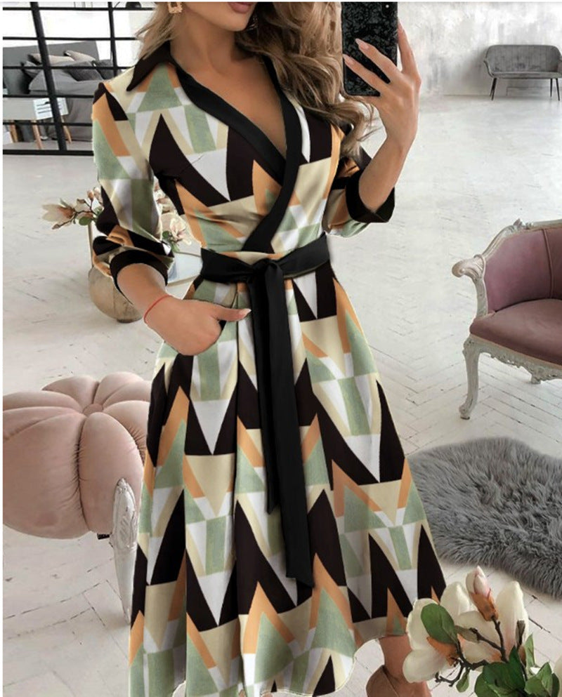 Women’s Sexy Long Sleeve Deep V-Neck Printed Dress – Irregular Hem Party Dress