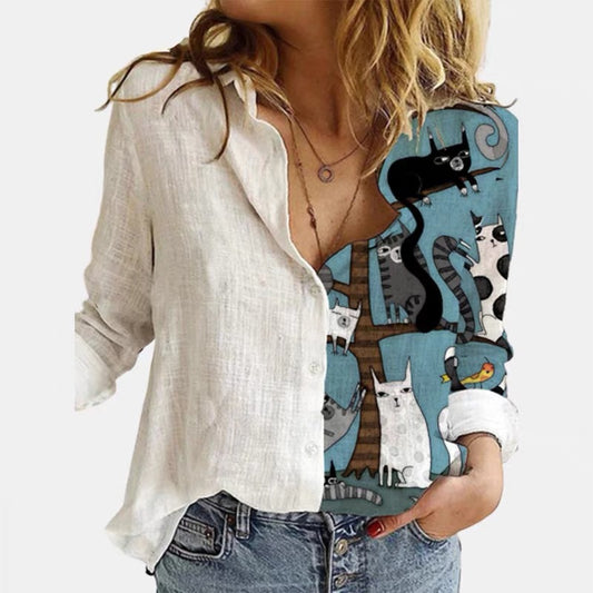 Women’s Cartoon Print Button Blouse – Long Sleeve, Lapel Collar