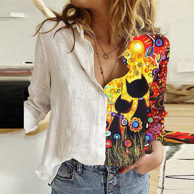 Women’s Cartoon Print Button Blouse – Long Sleeve, Lapel Collar