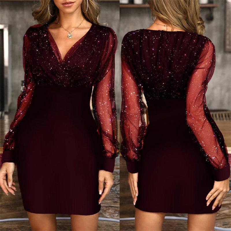 Women's Sequin Mesh V-Neck Long Sleeve Dress – Elegant Party Outfit