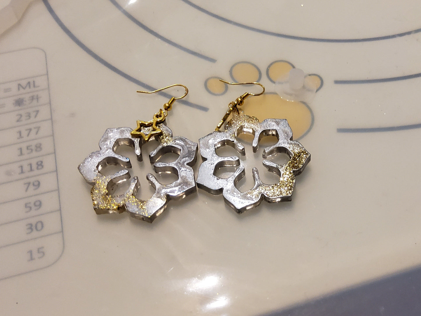 Handmade resin flower earrings silver gold glitter hook