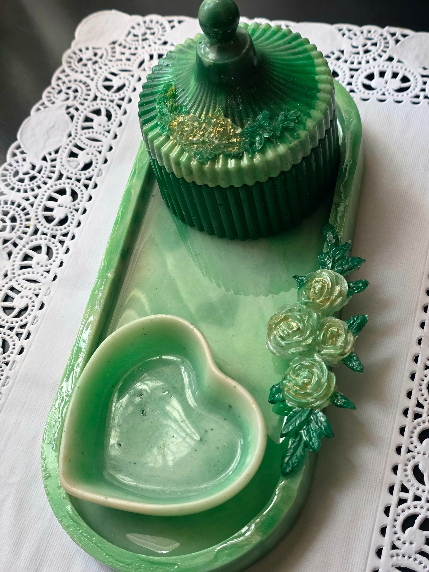 Green Resin Jewellery Organiser Set – Tray, Heart Dish & Lidded Box