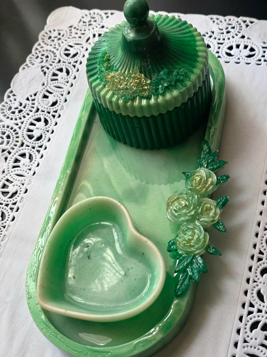 Green Resin Jewellery Organiser Set – Tray, Heart Dish & Lidded Box