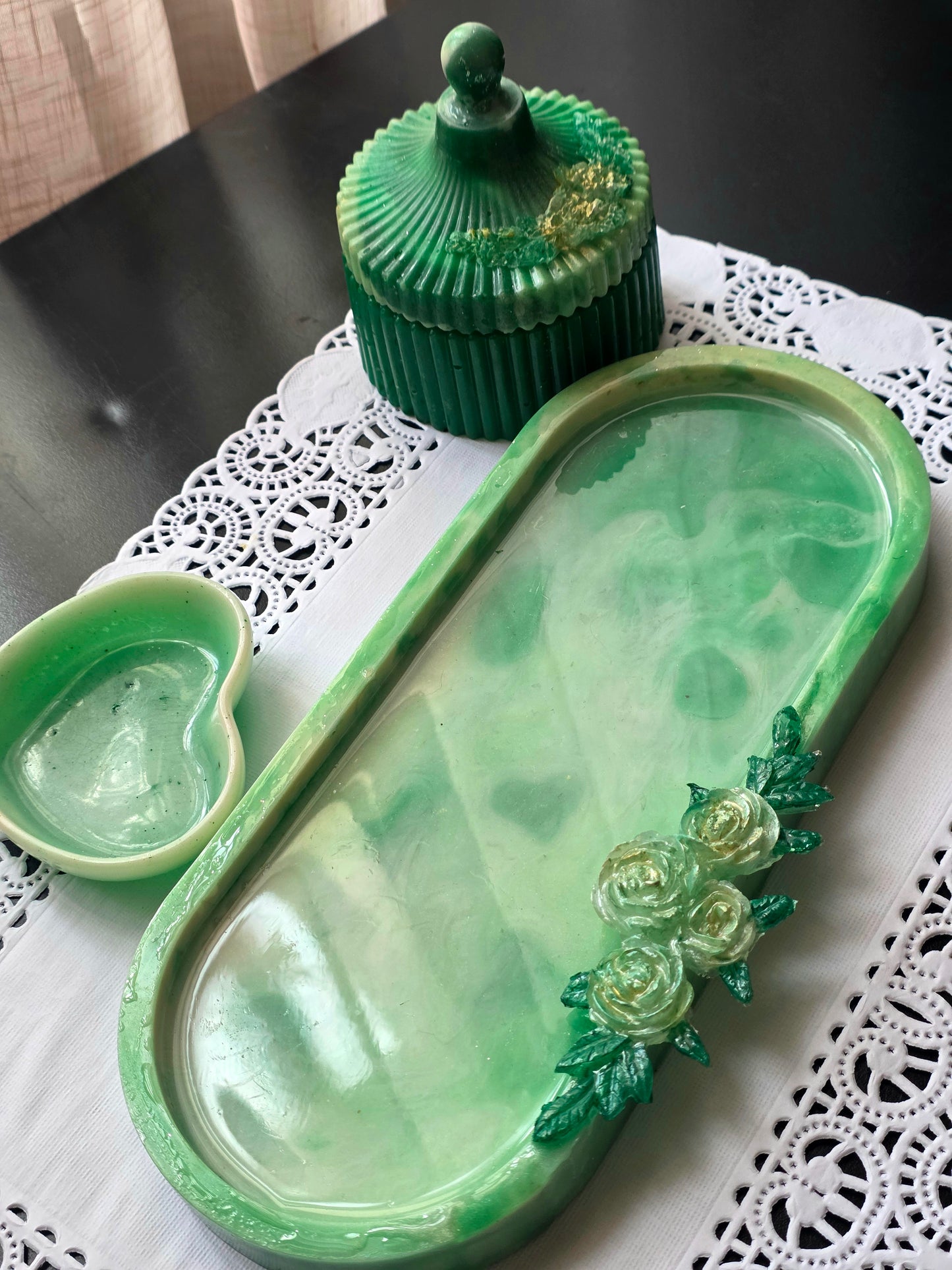 Green Resin Jewellery Organiser Set – Tray, Heart Dish & Lidded Box