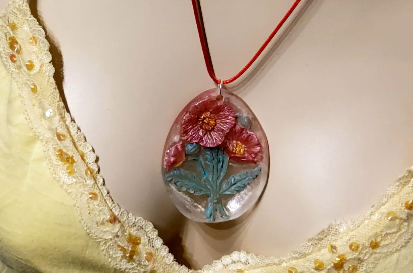 Handmade Resin Red Poppy Pendant Necklace