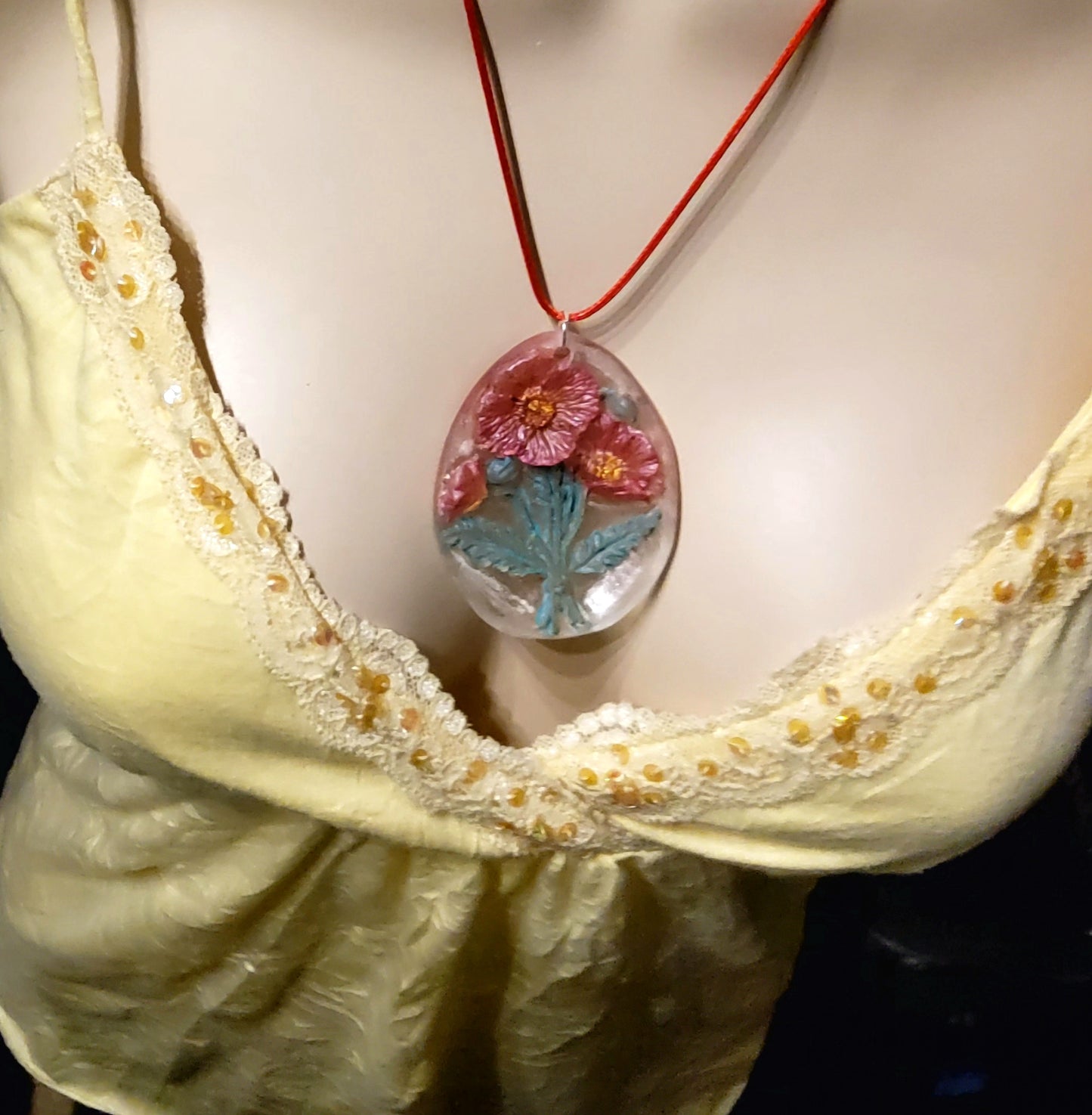 Handmade Resin Red Poppy Pendant Necklace