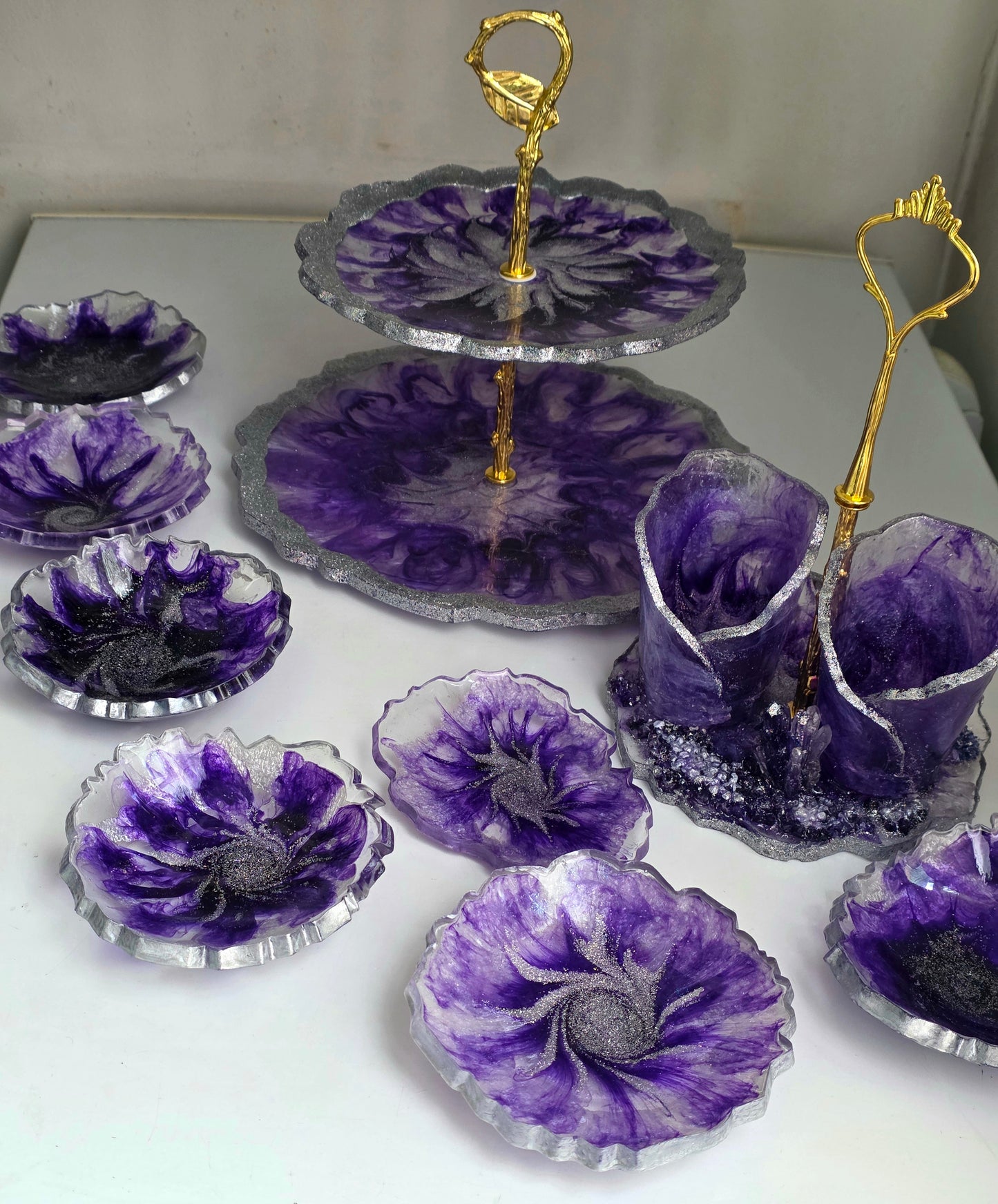 Luxury Purple Resin Set – Tiered Tray, Cups, Coasters & Bowls