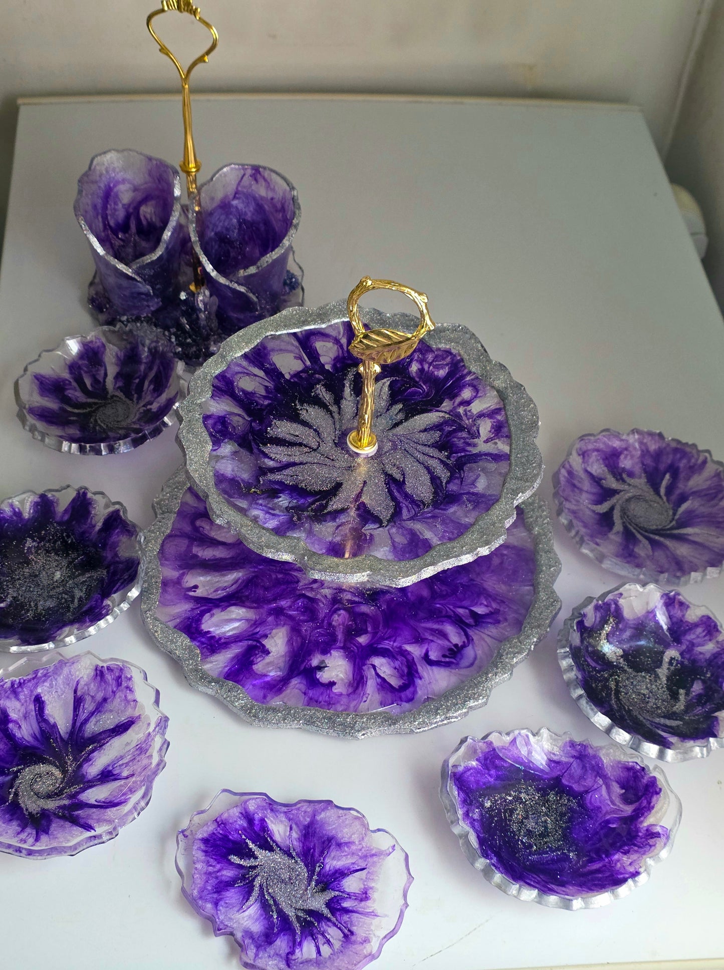 Luxury Purple Resin Set – Tiered Tray, Cups, Coasters & Bowls