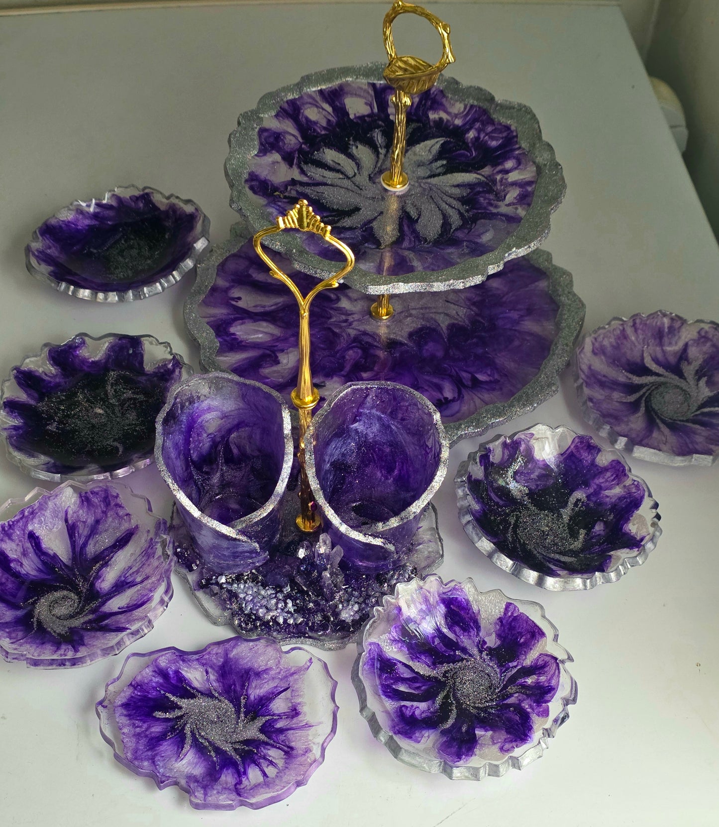 Luxury Purple Resin Set – Tiered Tray, Cups, Coasters & Bowls