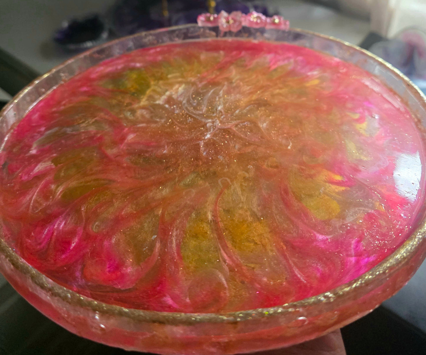 Handmade Resin Decorative Tray – Pink Botanicals & Gold