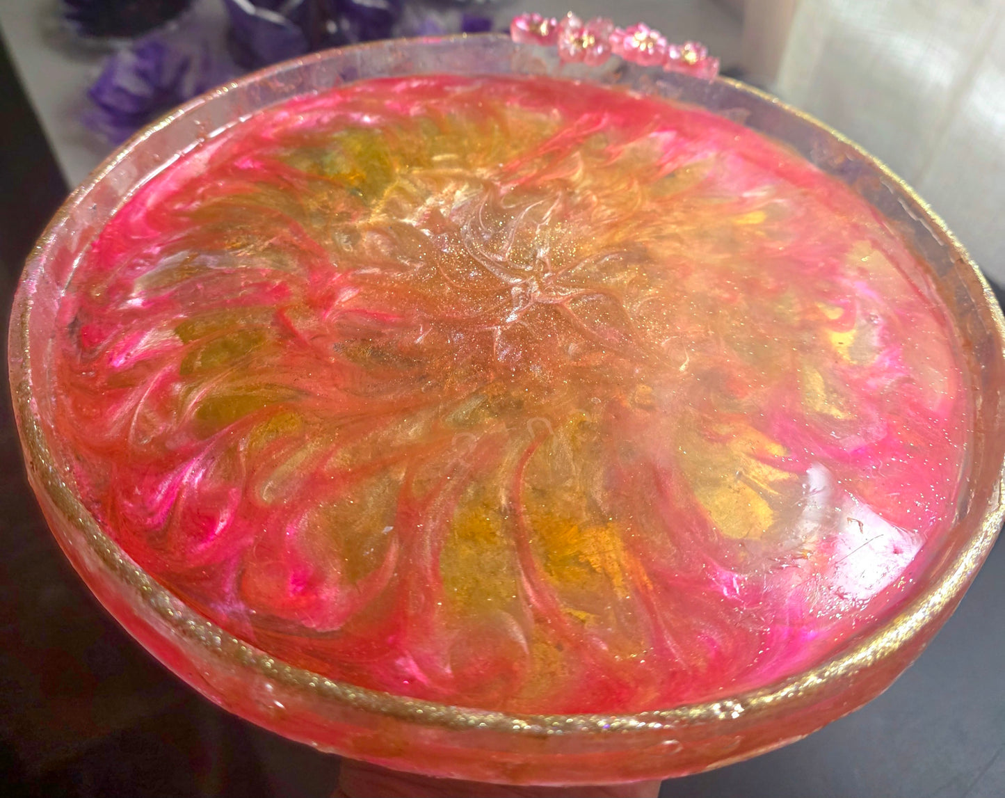 Handmade Resin Decorative Tray – Pink Botanicals & Gold