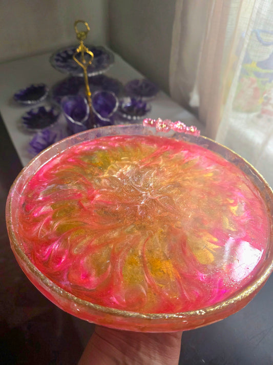Handmade Resin Decorative Tray – Pink Botanicals & Gold