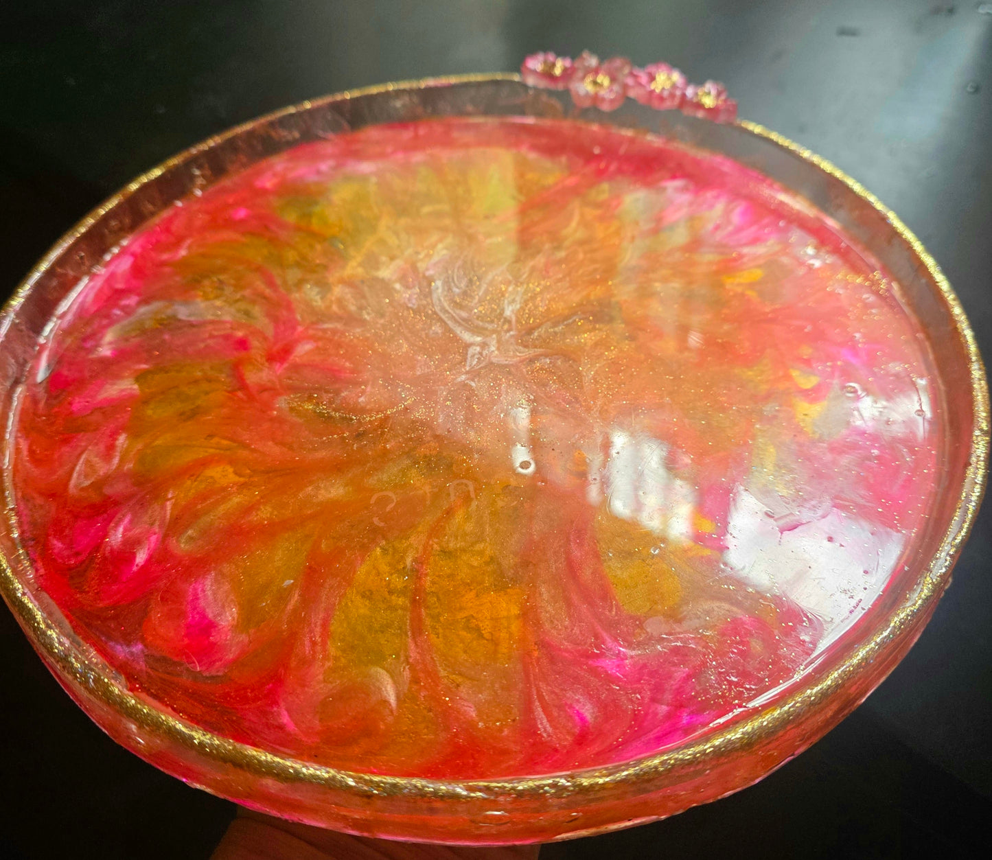 Handmade Resin Decorative Tray – Pink Botanicals & Gold