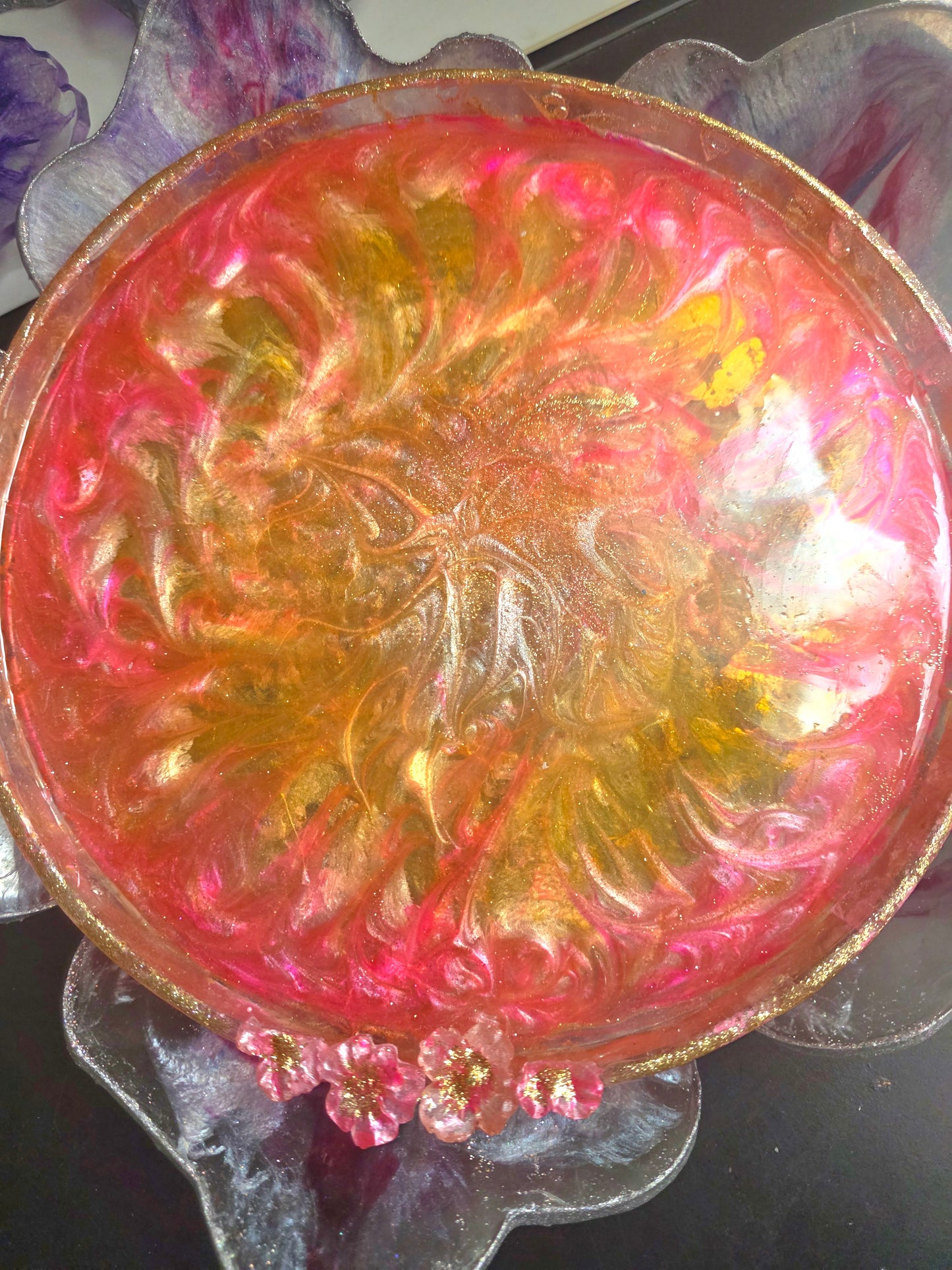 Handmade Resin Decorative Tray – Pink Botanicals & Gold