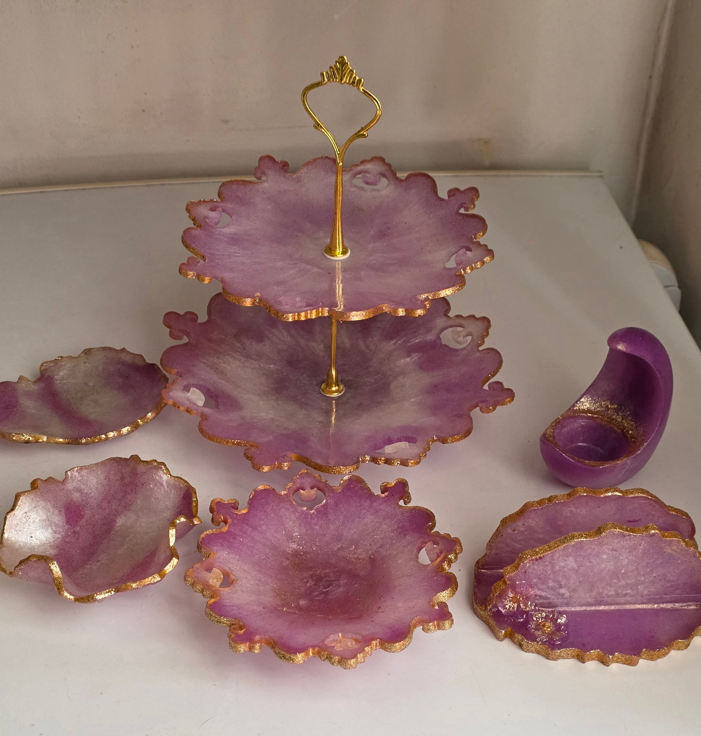 Lilac & Gold Resin Table Set — Napkin Holder, Candle Holder, Coasters & Plate